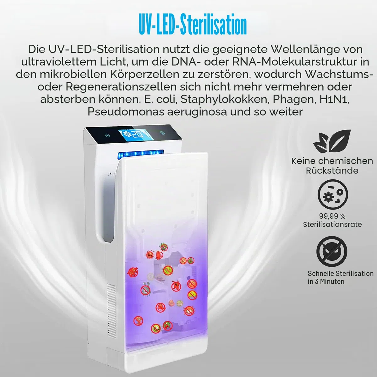 QL Händetrockner Elektrisch 1350W mit UVC-Sterilisation HEPA-Filter LCD-Anzeige Anionen-Funktion Weiß
