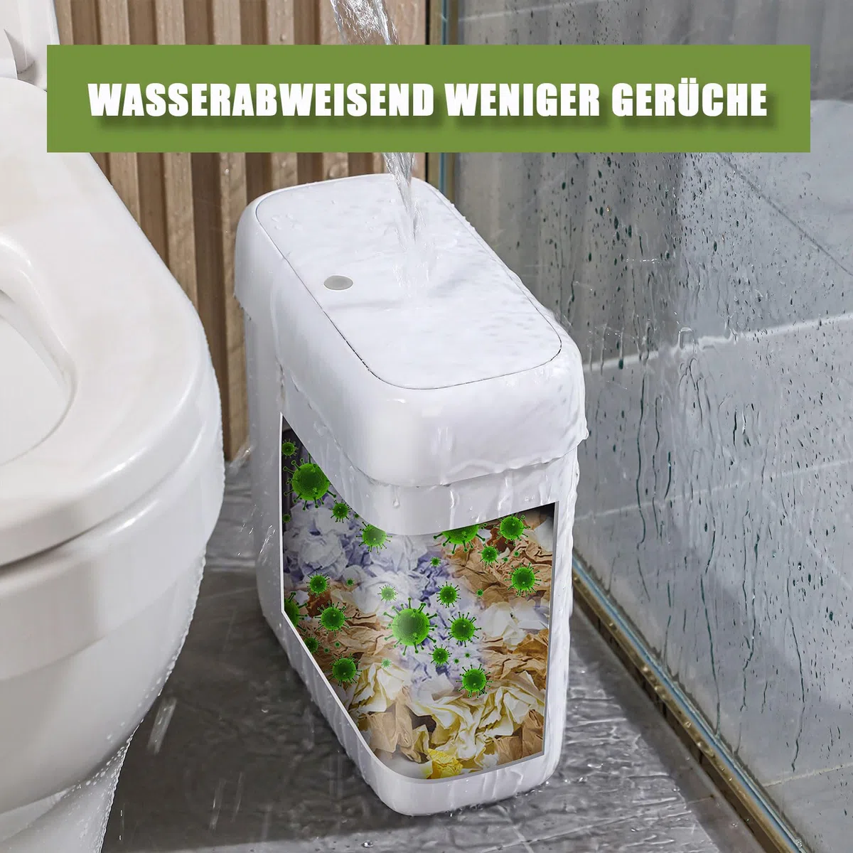 funest Mülleimer Bad mit Deckel, Schmaler Badmülleimer Weiß, Kleiner Mülleimer mit Druckknopf-Deckel, Abfalleimer Badezimmer für WC, Küche, Schlafzimmer, Wohnmobil und Büro, 8,5L