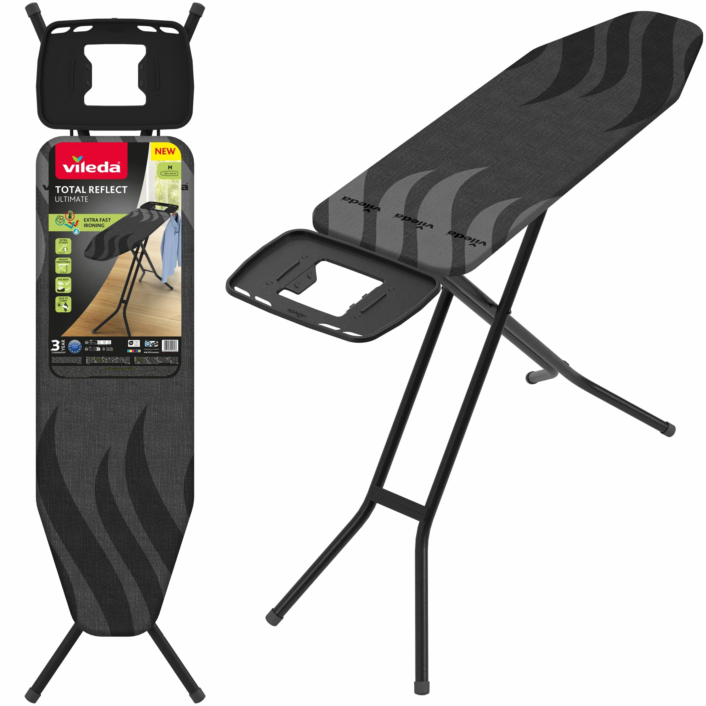 Vileda Bügelbrett TOTAL Reflect Ultimate |extra schnelles Bügeln|extra robust| breite Bügelfläche| höhenverstellbar| XXL‑Ablage| leicht zusammenklappbar| einfache Aufbewahrung| Comfort-Pack