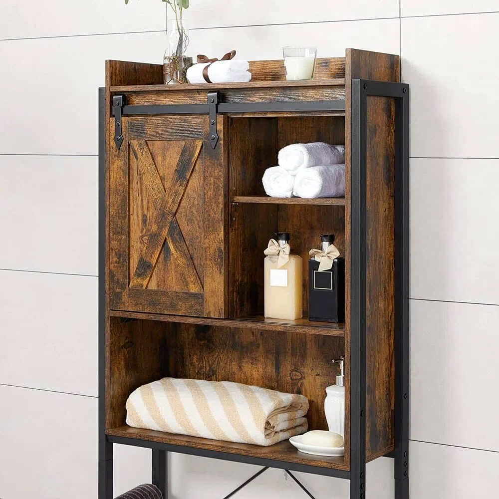 VASAGEL Toilettenregal, Badezimmerregal, mit Schrank, Stahlgestell, für Waschmaschine, einfache Montage, Industrie-Design, 64 x 24 x 171 cm, vintagebraun-schwarz BTS003B01