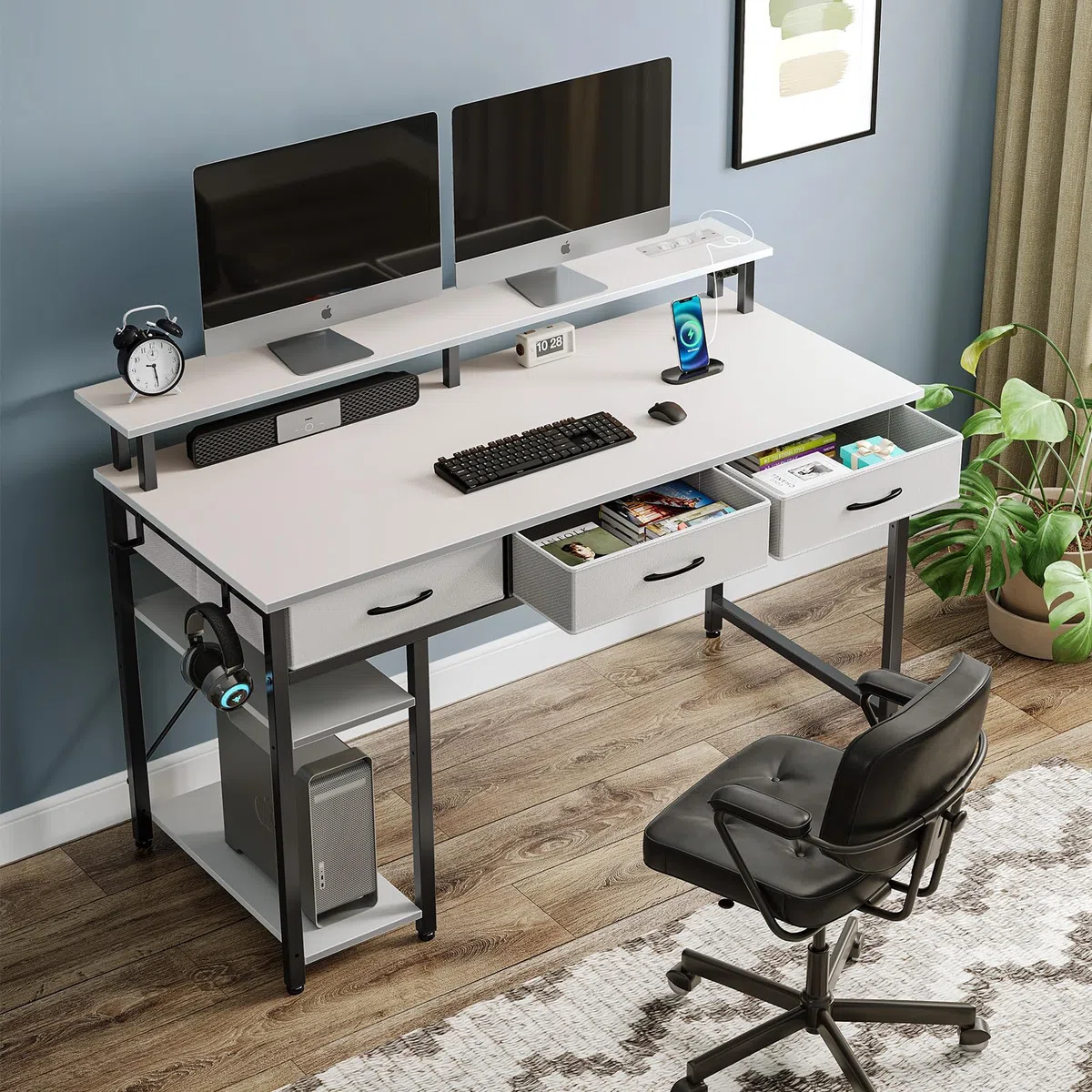 Rolanstar Schreibtisch mit Schubladen, Computertisch mit Steckdosen & LED, Gaming Tisch mit Monitorständer, Regal & 2 Haken, Gaming Schreibtisch für Büro, Wohnzimmer(Weiß, 137x47x90,5cm)