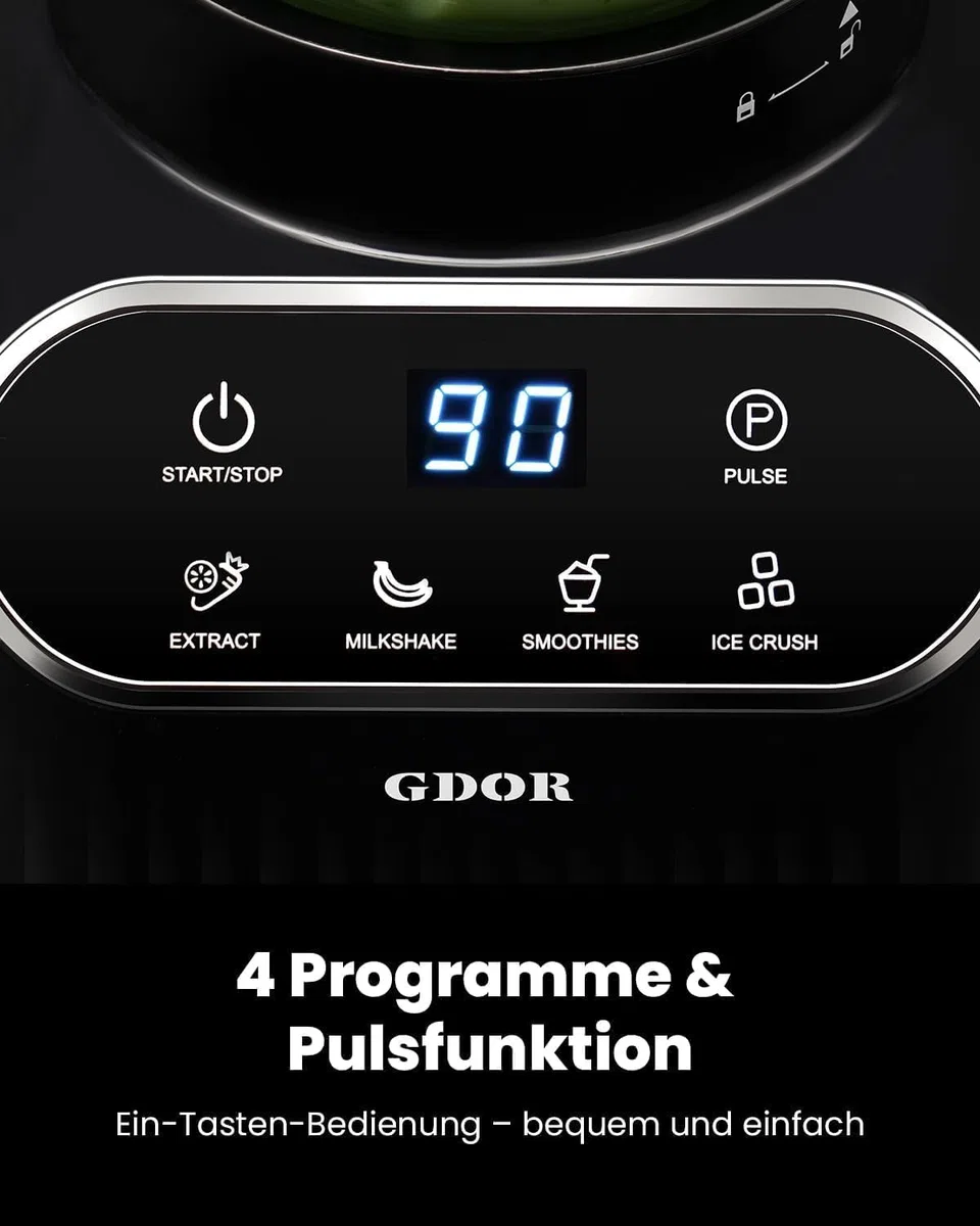 GDOR Professional Standmixer Glas 1200W Smoothie Maker 5 Programme Blender 1,5L Glasbehälter&700ml To-Go Becher Kombi Hochleistungsmixer für Smoothies Shake Eiscrushen Gefrorenes Obst Selbstreinigend