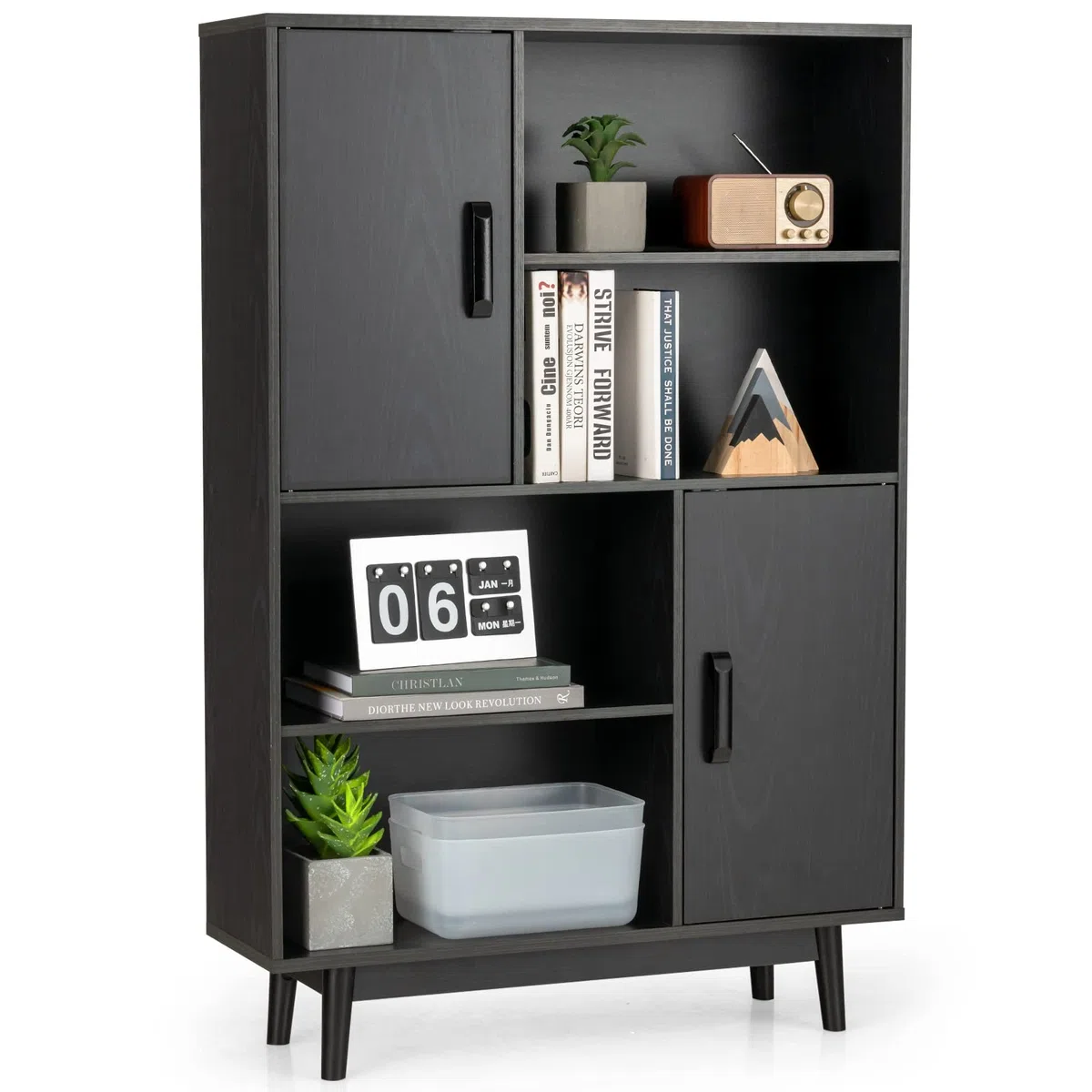 COSTWAY Bücherschrank mit 2 Türen und 4 offenen Regalen, Bücherregal Holz, Standregal, Holzregal, Aufbewahrungsregal für Wohnzimmer, Arbeitszimmer, Küche, 80 x 24 x 120 cm (Schwarz)