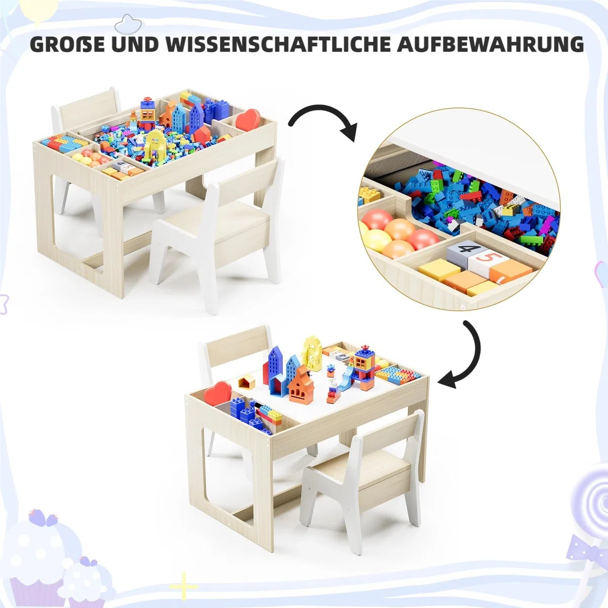 Clevich Kindersitzgruppe mit Stauraum, Kindertisch mit 2 Stühlen, Kinder Tisch Stuhl Set mit wendbarer Tischplatte, Kinderschreibtisch für Kindertagesstätte, für Kinder ab 3 Jahren, Holzfarbe