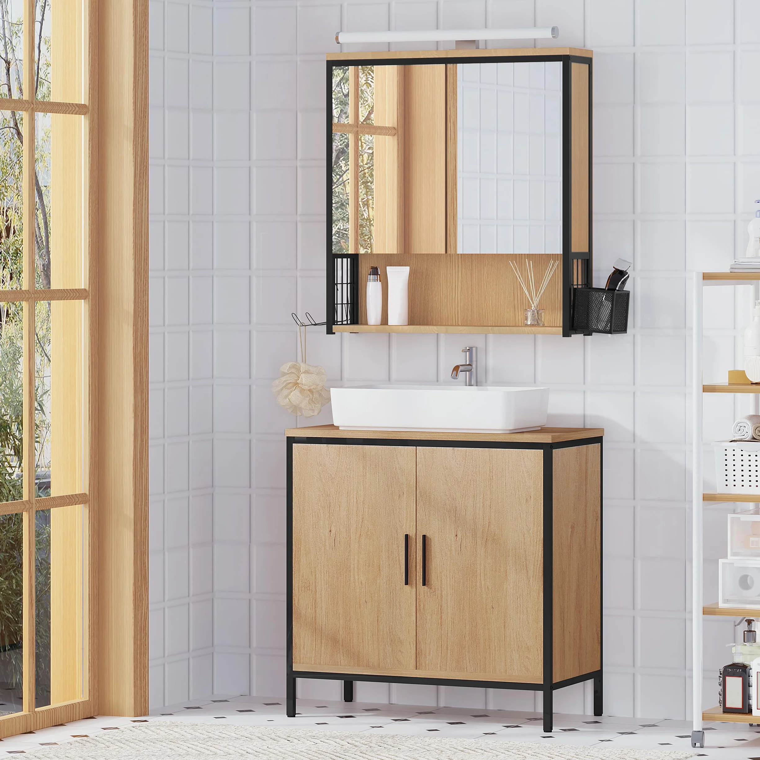 EUGAD Spiegelschrank Bad mit Beleuchtung, Badezimmerschrank mit Spiegel, Badschrank hängend, mit Verstellbarer Ablage Halter Korb, aus Metall MDF, schwarz + helle Eiche