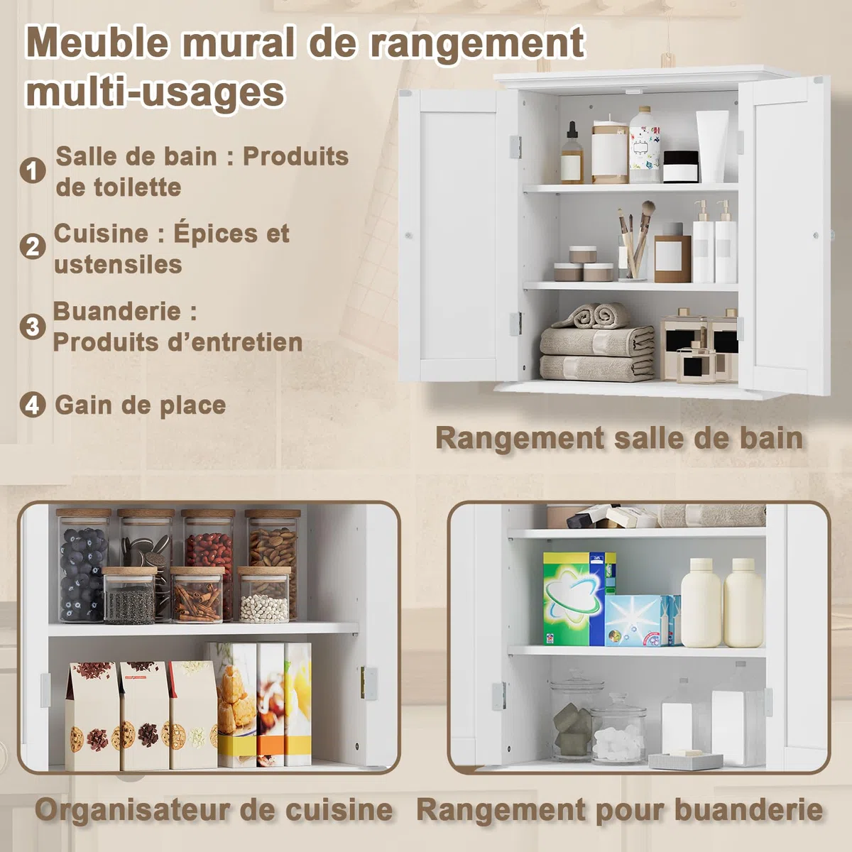 Badezimmer Schrank, Bad Schrank mit 2 verstellbaren Fachböden und Doppeltüren, modern Elegante Optik,Aufbewahrung über der Toilette für Familien, Weiß