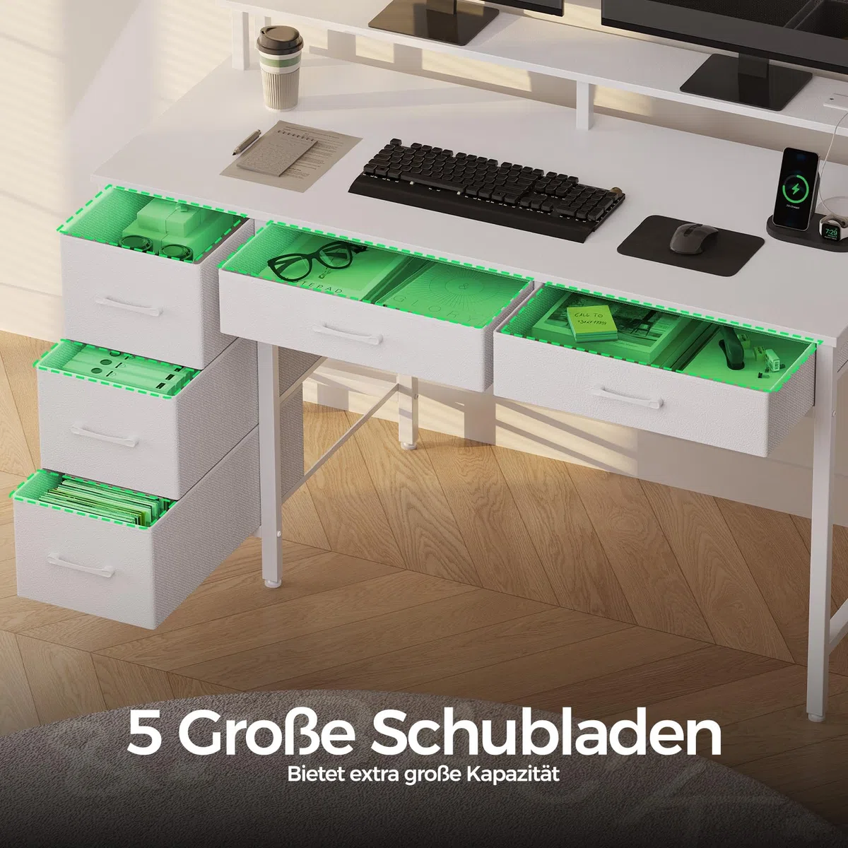 Seventable Computertisch mit Steckdosen & LED-Beleuchtung, 120cm Gaming Schreibtisch mit 5 Schubladen, Gaming Tisch mit Monitorständer, fürs Büro, Arbeitszimmer, Schlafzimmer, Wohnzimmer, Weiß