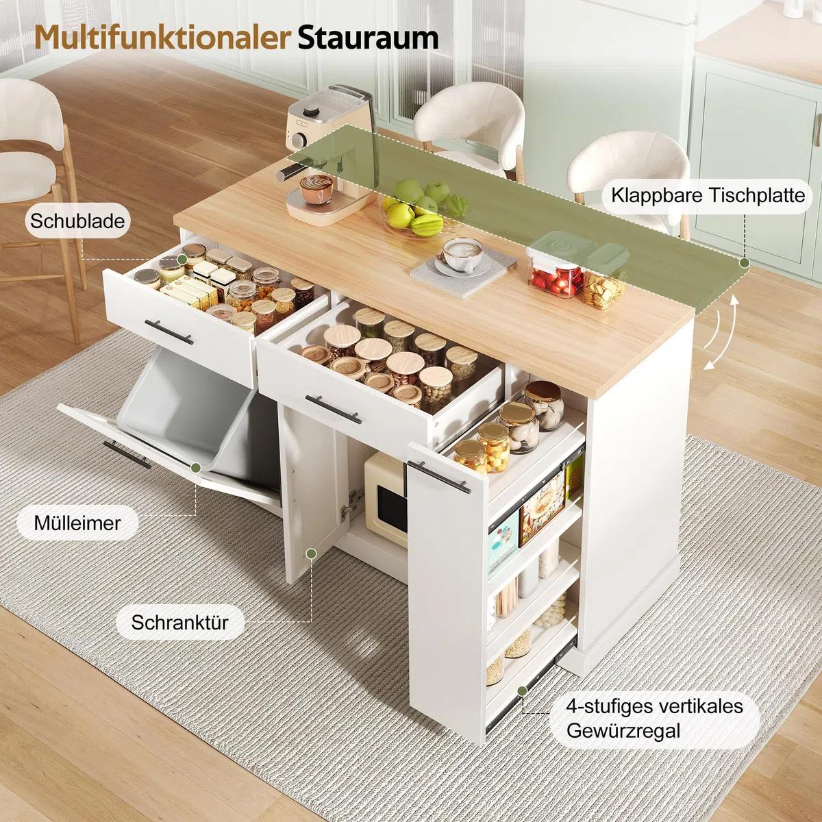 Merax Kücheninsel Freistehend mit Mülleimer, Küchenwagen mit Rollen, Küchenschrank mit Klappbarer Arbeitsplatte, 4 Gewürzregal, 2 Schubladen, Mülleimer Schrank für Küche, 120x70x93,5cm, Weiß
