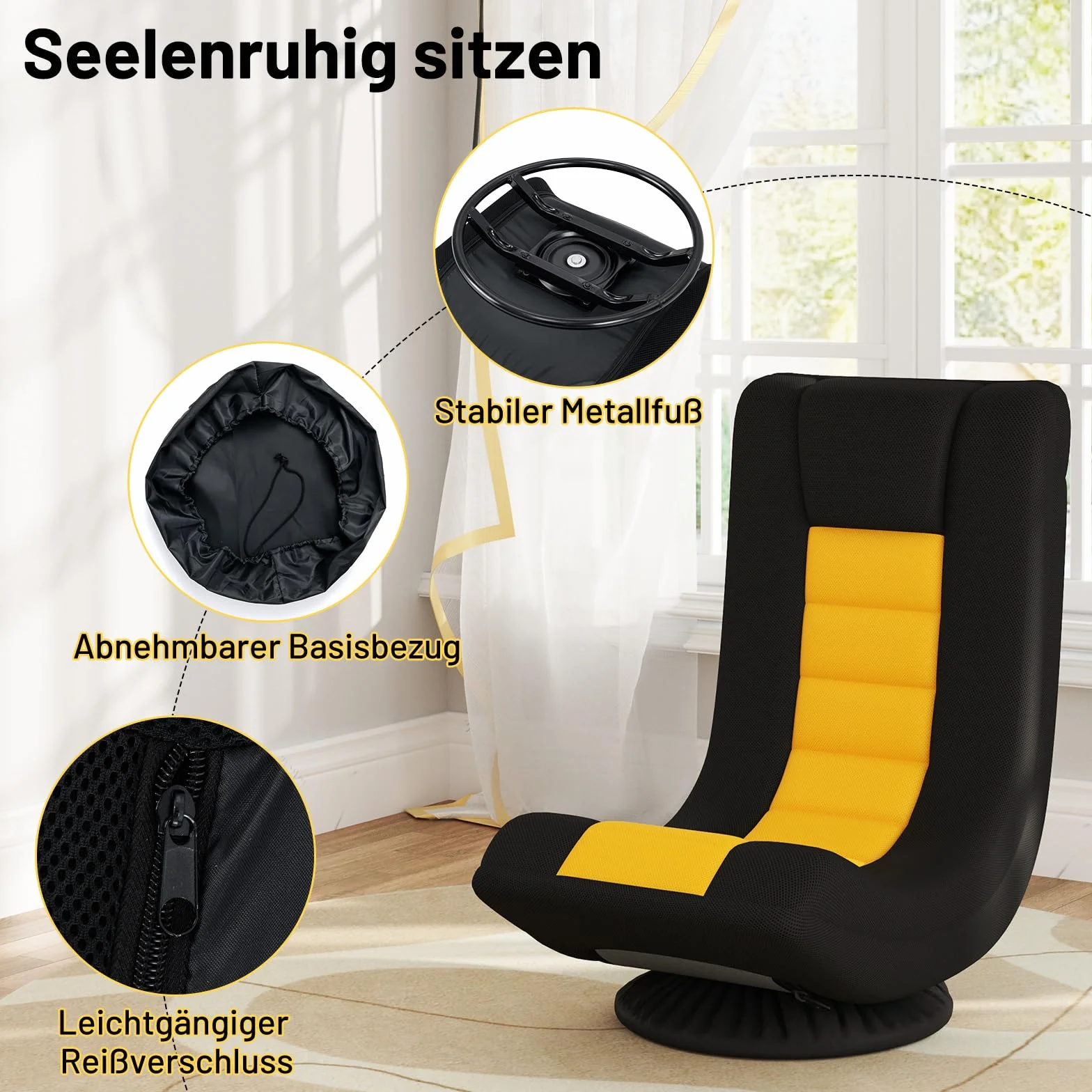 RELAX4LIFE Bodensessel Klappbar, Bodenstuhl mit 4-Fach Verstellbarer Rückenlehne, 360° drehbarem Sockel & Nackenpolster, Meditationsstuhl gepolstert, Gamingsessel Relaxsessel für Wohnzimmer (Gelb)