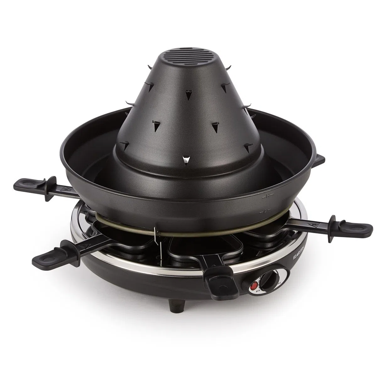 Klarstein Taste Volcano - Raclette, Tischgrill, Elektrogrill, Tartarenhut, 1500 Watt, stufenlos regelbar, Grillen, Überbacken, Grillpfännchen, für 6 Personen, Antihaftbeschichtung, schwarz