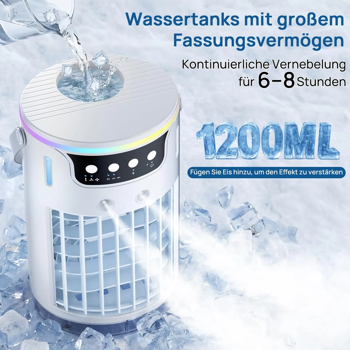 Mobile Klimaanlage, USB 4 In1 Mobile Klimagerät mit 3 Stufe Eis-Kühlnebel, Für Büro Zimmer und Schreibtisch, 1200 ML Tragbare Mini Luftkühler mit 2-8H Timer, 3 Geschwindigkeiten, 7 Farben Nachtlicht