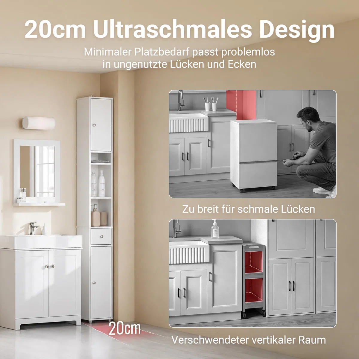 SoBuy Badezimmerschrank Hochschrank Schmal Badschrank für kleine Bäder mit verstellbaren Einlegeböden Platzsparender Badezimmer Schrank für Waschbecken, WC, Waschmaschine, 20x20x180cm Weiß BZR34-II-W