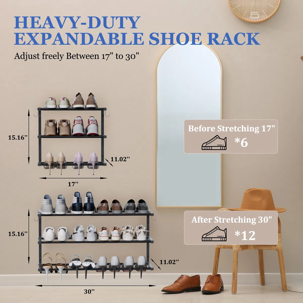 Schuhregal zur Wandmontage, 3 Etagen, hängendes Schuhregal für 24 Paar, 43,2 cm - 76,2 cm, verstellbarer, robuster Schuh-Organizer mit 4 Aufbewahrungshaken, platzsparend für Schrankeingang, schwarz