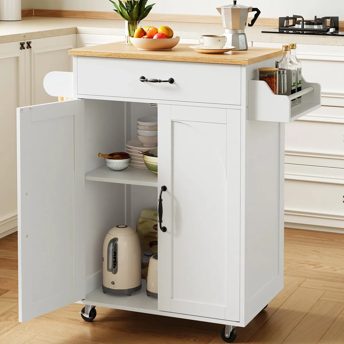 RALGEND Küchenwagen mit Arbeitsplatte und auf Rollen, Kücheninsel mit Schublade, Küchenschrank mit Handtuchstange und Gewürzregal, Rollwagen 60 × 40 × 88 cm, Weiß and Holzfarbe