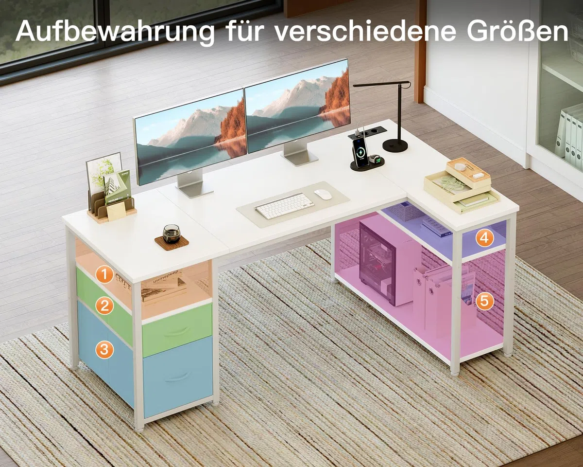 Coleshome Schreibtisch mit 2 Schubladen und Regal, 140×80 cm Eckschreibtisch mit Stauraum und Steckdose, Umkehrbarer Gaming Tisch für Homeoffice & Familienecke, Weiß