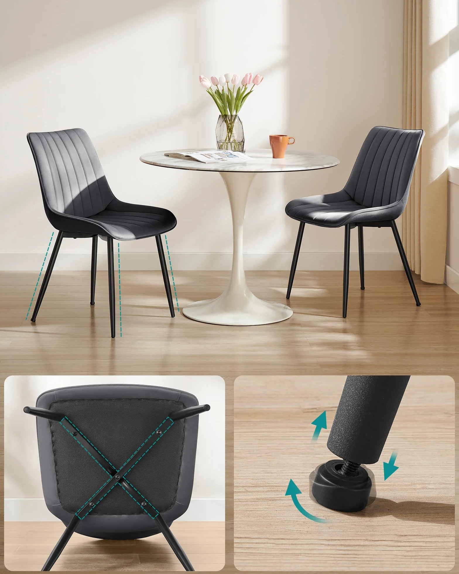 SONGMICS Esszimmerstuhl 2er Set, Küchenstuhl, Samt,Polsterstuhl, bis 120 kg belastbar, Stahlbeine, Gebogene Rückenlehne, für Esszimmer, Küche, grau-tintenschwarz LDC090G05