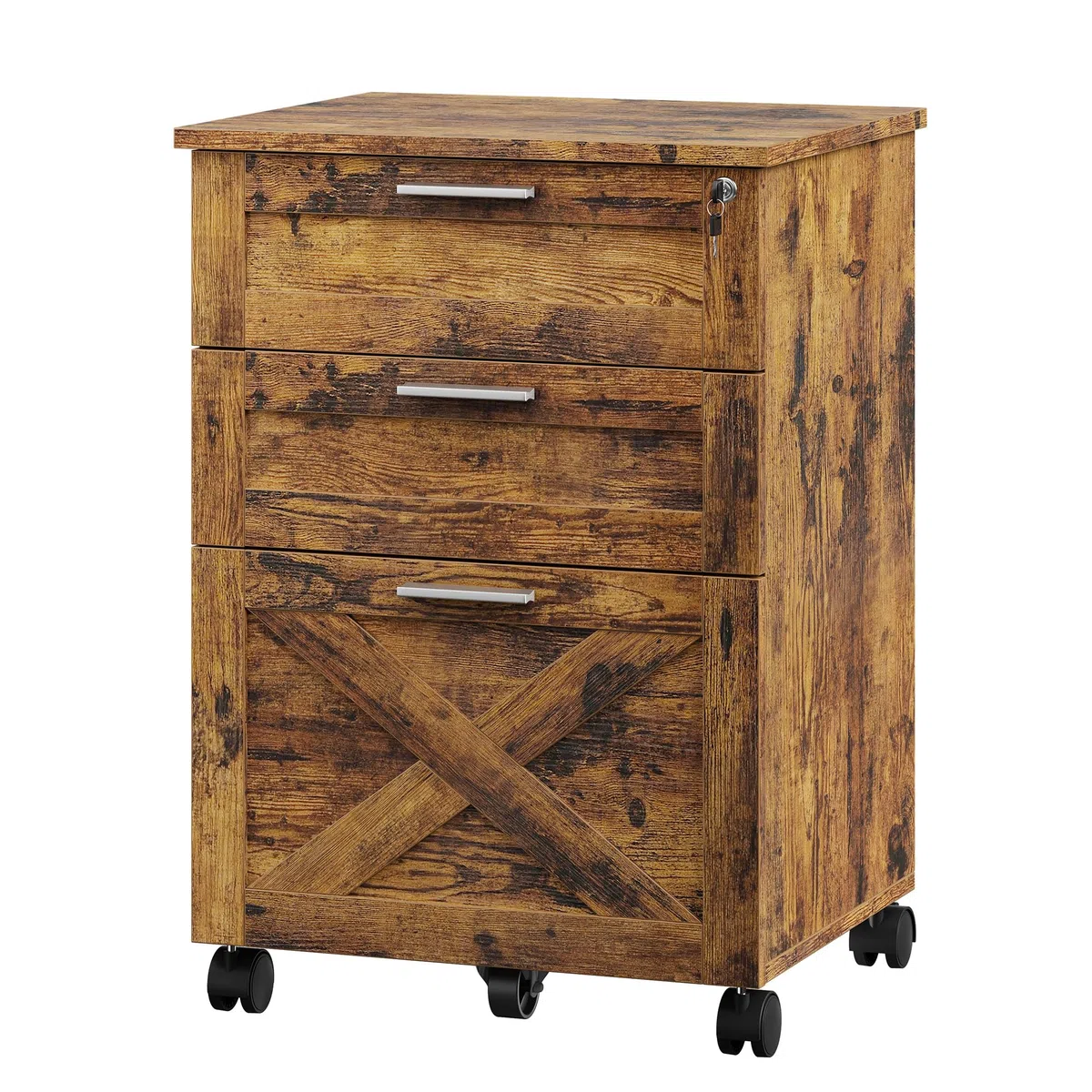 Garvee Aktenschrank,Rollcontainer,Büroschrank,mit 3 Schubladen,Abschließbar,Büro-Aktenschrank mit Hängeregisterfach - 48 x 40 x 68 cm,Rustikales Braun