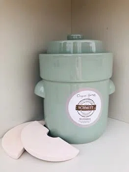 MS-Steinzeug Gärtopf 15 Liter Pastellgrün mit Deckel + Beschwerungssteine - Sauerkrauttopf zum Fermentieren und Konservieren - Ideal für Vegetarier und Veganer - Inkl. Rezepte