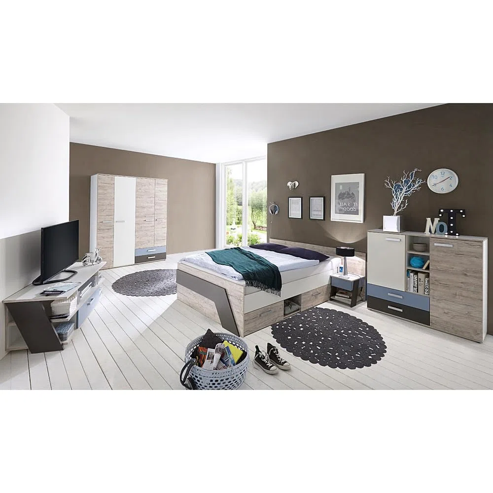 Lomadox Jugendzimmer Komplett Set Sandeiche weiß Lava blau 140x200 cm Kojenbett Kleiderschrank