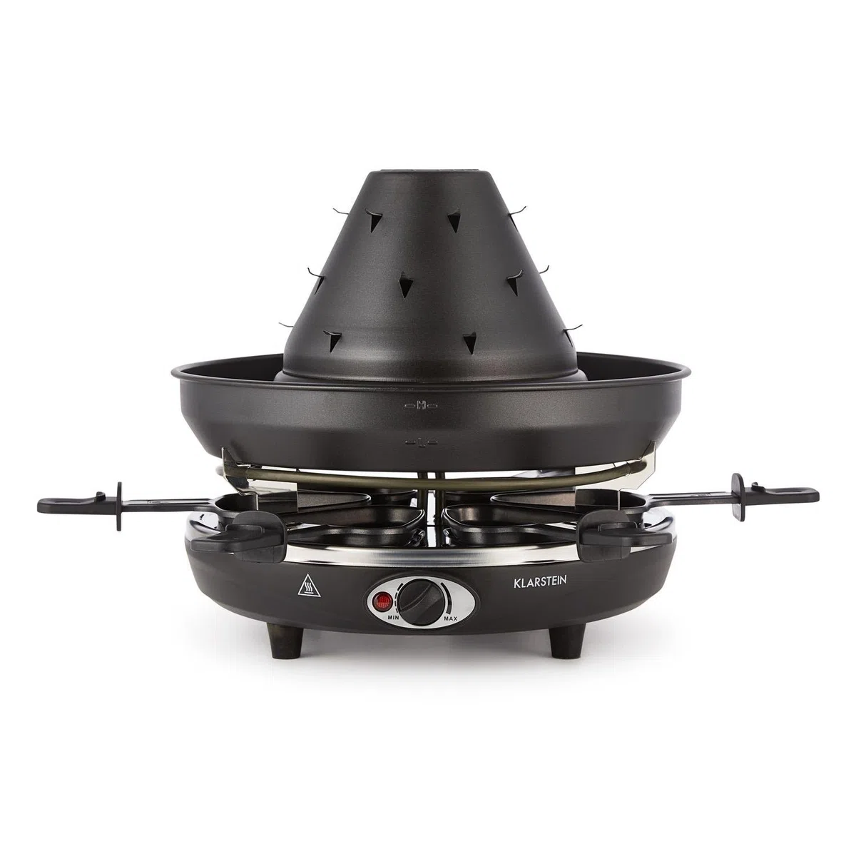 Klarstein Taste Volcano - Raclette, Tischgrill, Elektrogrill, Tartarenhut, 1500 Watt, stufenlos regelbar, Grillen, Überbacken, Grillpfännchen, für 6 Personen, Antihaftbeschichtung, schwarz