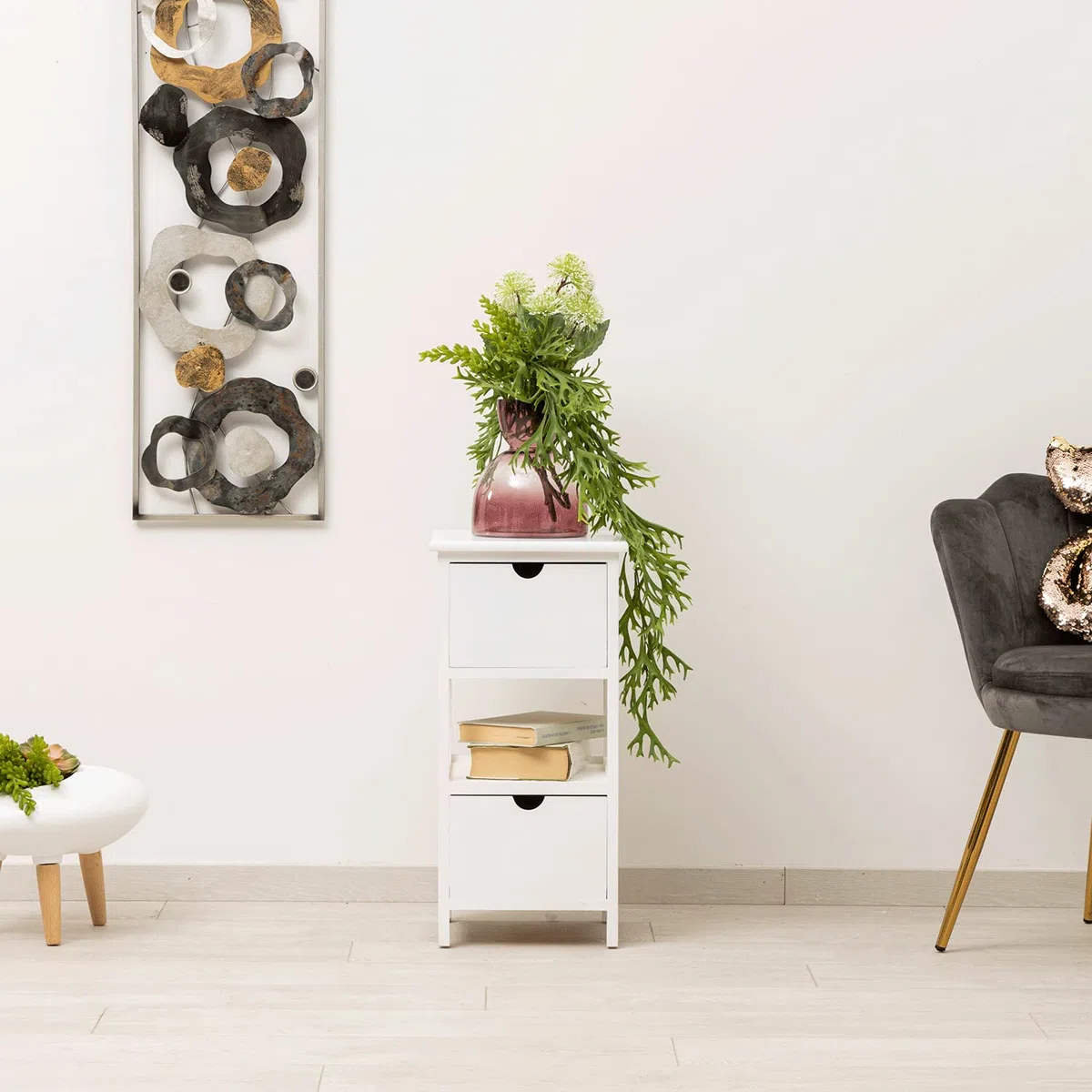 Baroni Home Nachttisch, Wohnzimmer, Wohnzimmer, Schlafzimmer, Schlafzimmer, Badezimmer, Mehrzweckschrank, Weiß 2 Schubladen, 1 Einlegeboden Größe 30X30X61 cm