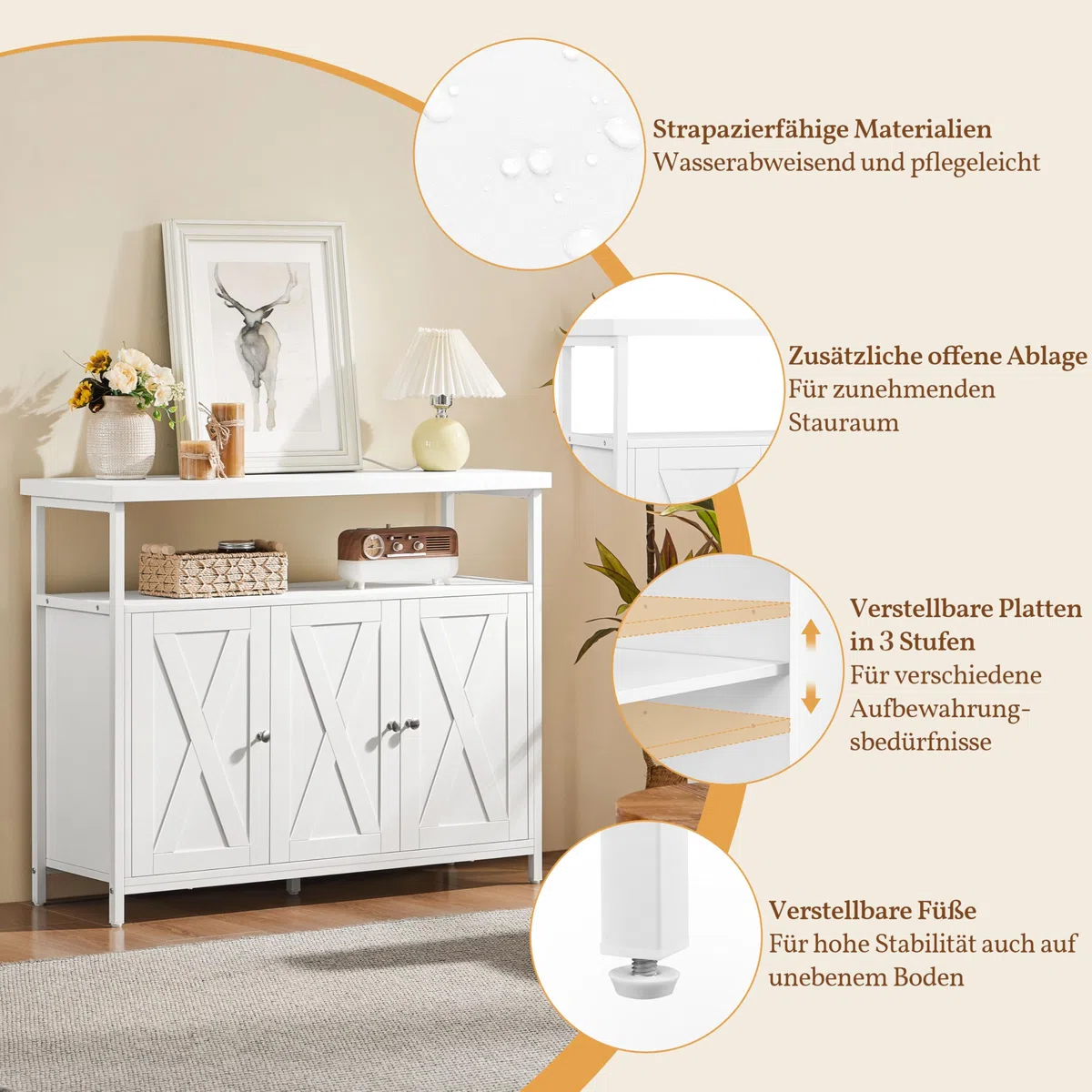 Yaheetech Sideboard, Küchenschrank mit 3 Türen und Offenen Regalen, Buffetschrank Aufbewahrungsschrank verstellbare Ablage 100 × 35 × 81 cm, Weiß