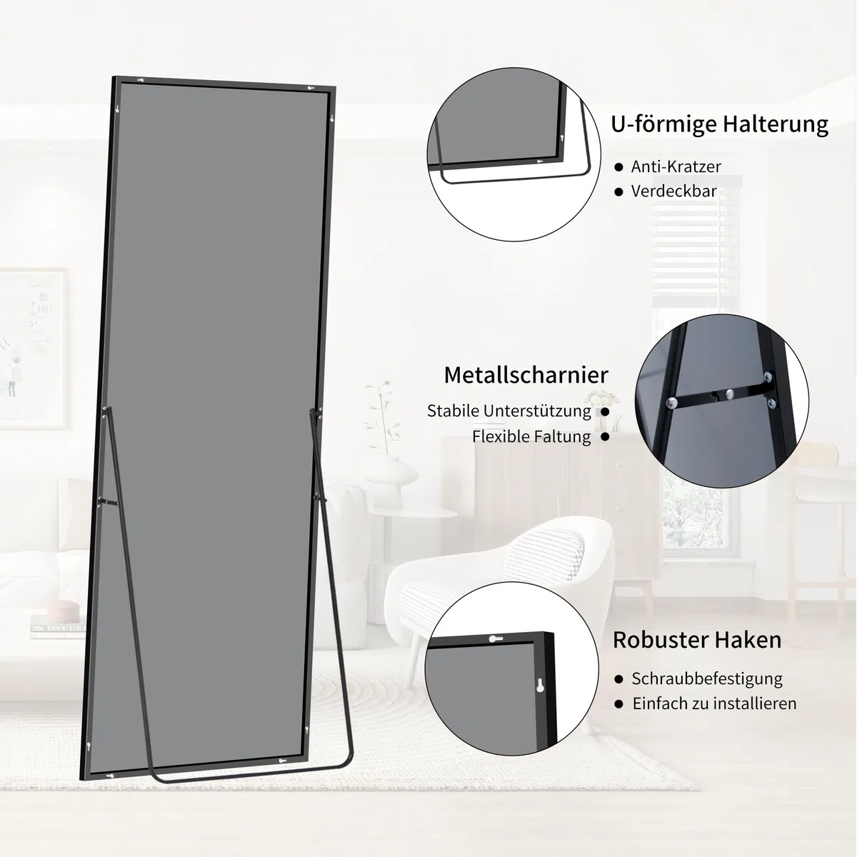 BONEWEI Ganzkörperspiegel 161 x 52 cm, Rechteckiger Standspiegel mit Schwarzem Aluminiumrahmen, Groß Wandspiegel Bodenspiegel für Schlafzimmer, Eingangsbereich, Flur, Heimdekorationn