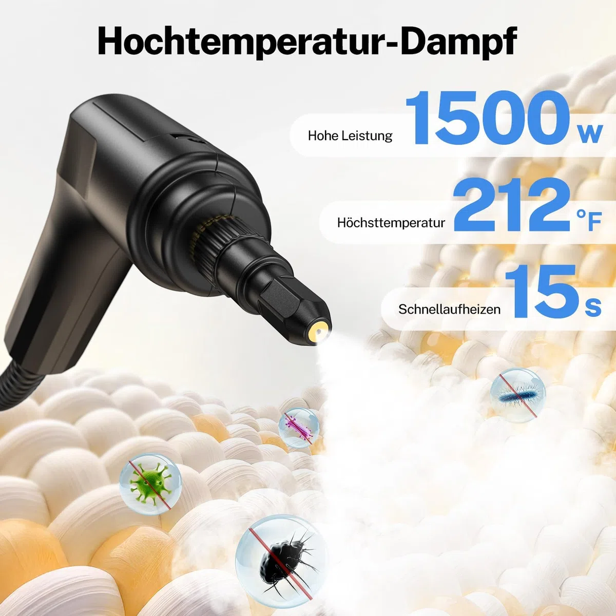 ODSD Dampfreiniger für Haushalt und Auto, 3-stufig einstellbarer Dampfreiniger, 15 Sekunden Aufheizzeit und 1,6 l großer Tank, Handdampfreiniger für Autos, Haushalt, Küche, Fenstern,Boden