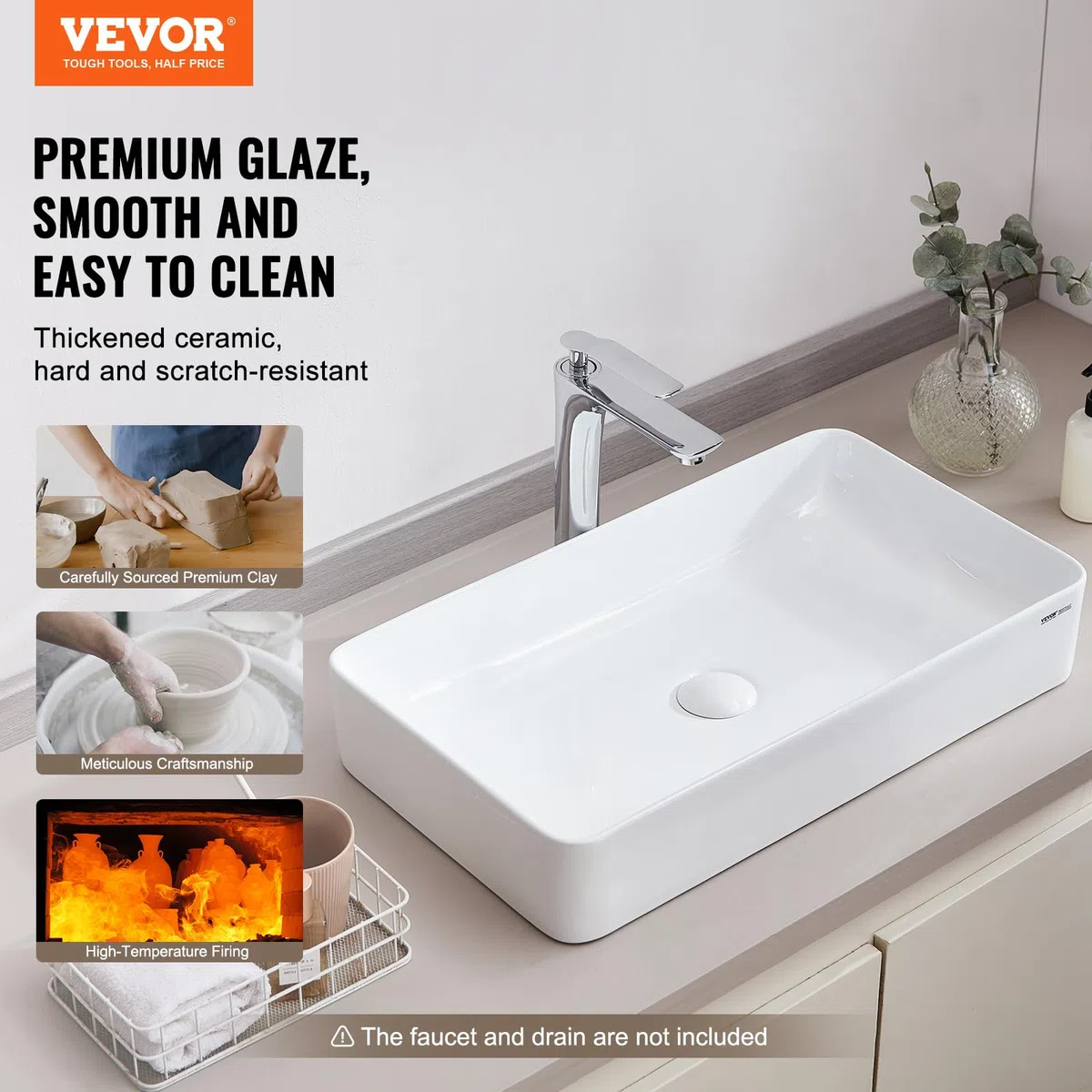 VEVOR Rechteckiges Aufsatzwaschbecken, 61 x 35 cm, Badezimmer-Aufsatzwaschbecken, weißes Keramik-Waschbecken über der Theke, moderner Stil, hell und elegant, gut verpackt für Badezimmer, Hotel