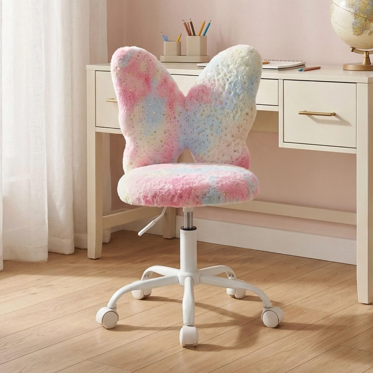 chairus Kunstfell Kinder Schreibtischstuhl für Kinderzimmer Höhenverstellbarer Jungendstuhl ohne Armlehne Drehstuhl für Kinder (Rosa)