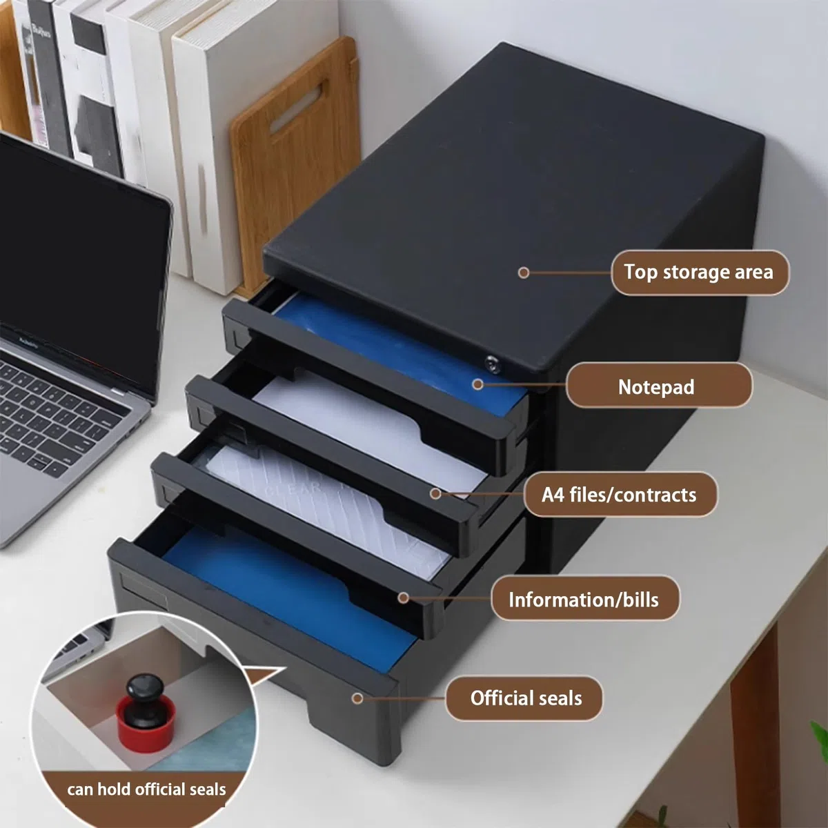 Schubladenbox – Abschließbarer A4-Aktenschrank Für Den Schreibtisch, Mehrschichtiger Schreibtisch-Organizer Mit Schloss Für Dokumente Und Zubehör(Schwarz,4-Layers)