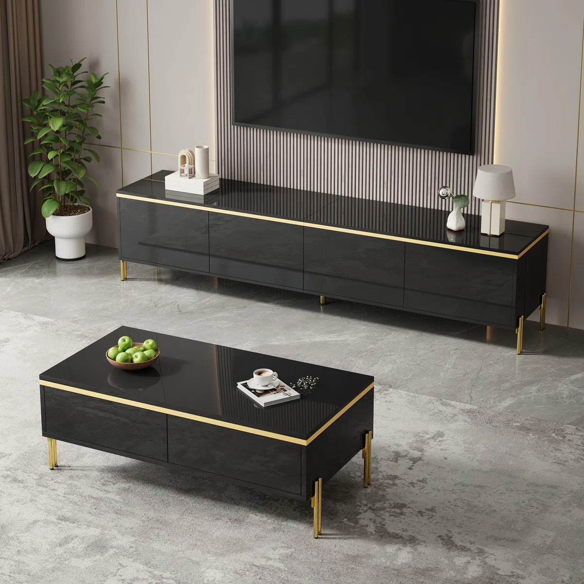 Luxus-TV-Schrank und Couchtisch-Set Hochglanz Schwarz Goldene Kanten