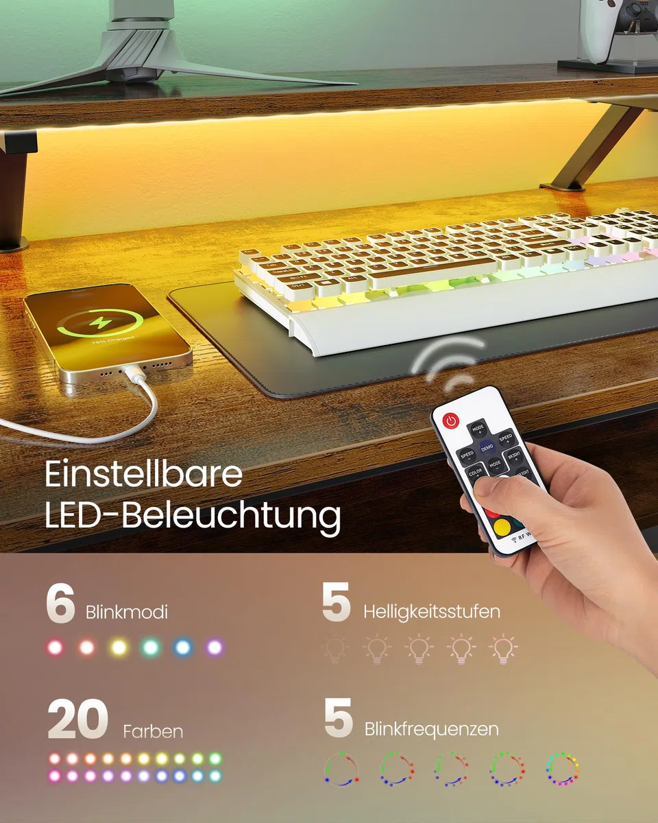 VASAGLE L-förmiger Schreibtisch mit Steckdosen, Eckschreibtisch, Computertisch, Monitorständer, Gaming-Tisch, LED-Beleuchtung, USB-Anschlüsse, 150 x 120 x 76 cm, Homeoffice, vintagebraun LWD095K01