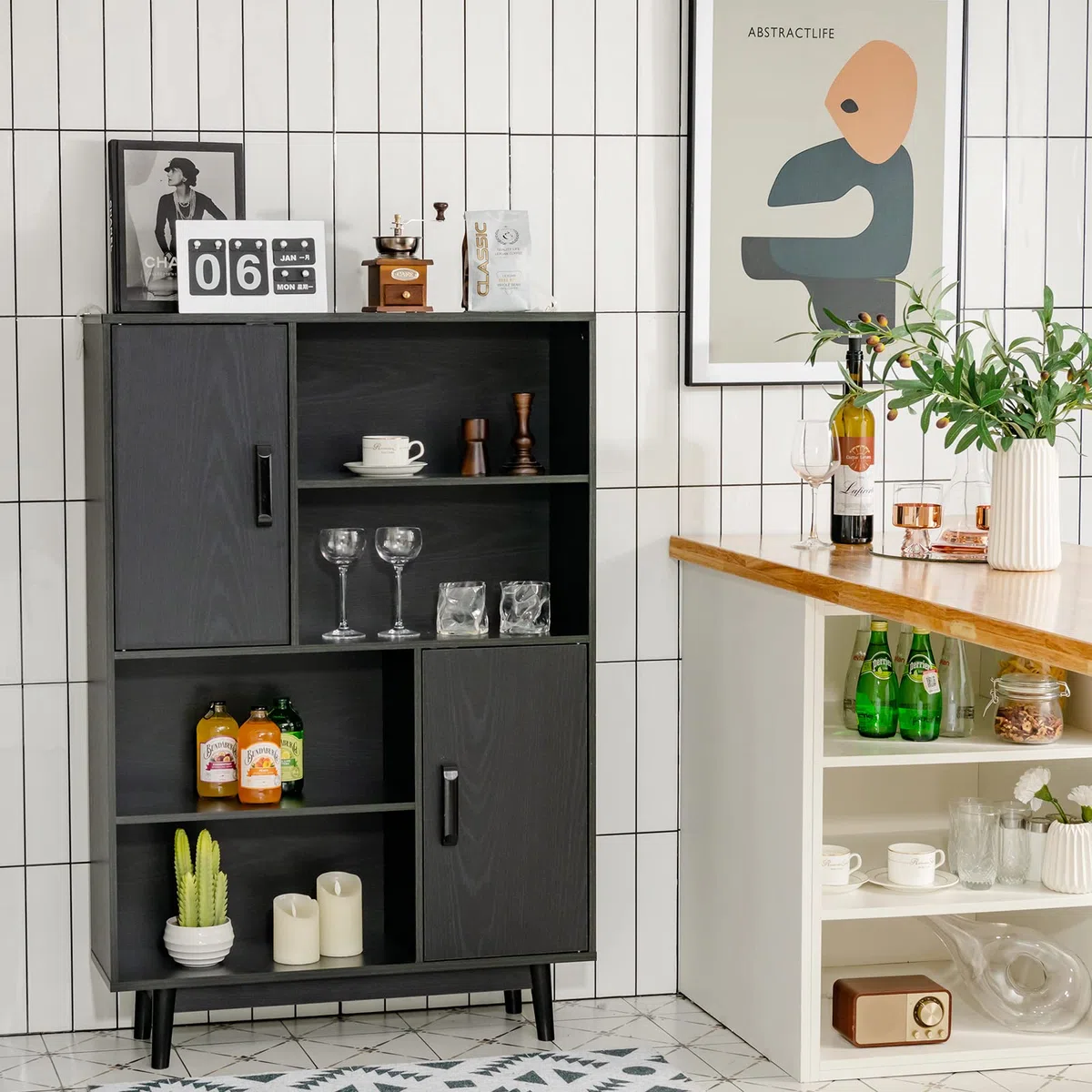 COSTWAY Bücherschrank mit 2 Türen und 4 offenen Regalen, Bücherregal Holz, Standregal, Holzregal, Aufbewahrungsregal für Wohnzimmer, Arbeitszimmer, Küche, 80 x 24 x 120 cm (Schwarz)