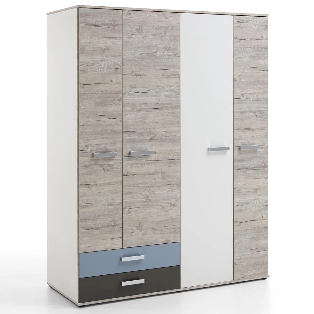 Lomadox Jugendzimmer Komplett Set Sandeiche weiß Lava blau 140x200 cm Kojenbett Kleiderschrank