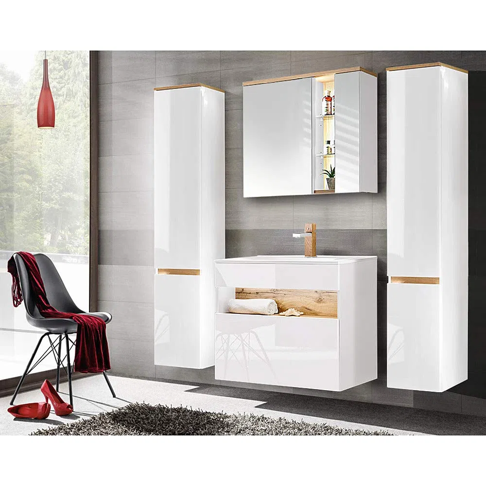 Lomadox Badmöbel Komplett Set, 80cm Unterschrank mit Keramik Waschbecken, Hochglanz weiß mit Wotaneiche, 2 Hochschränke und LED-Spiegelschrank