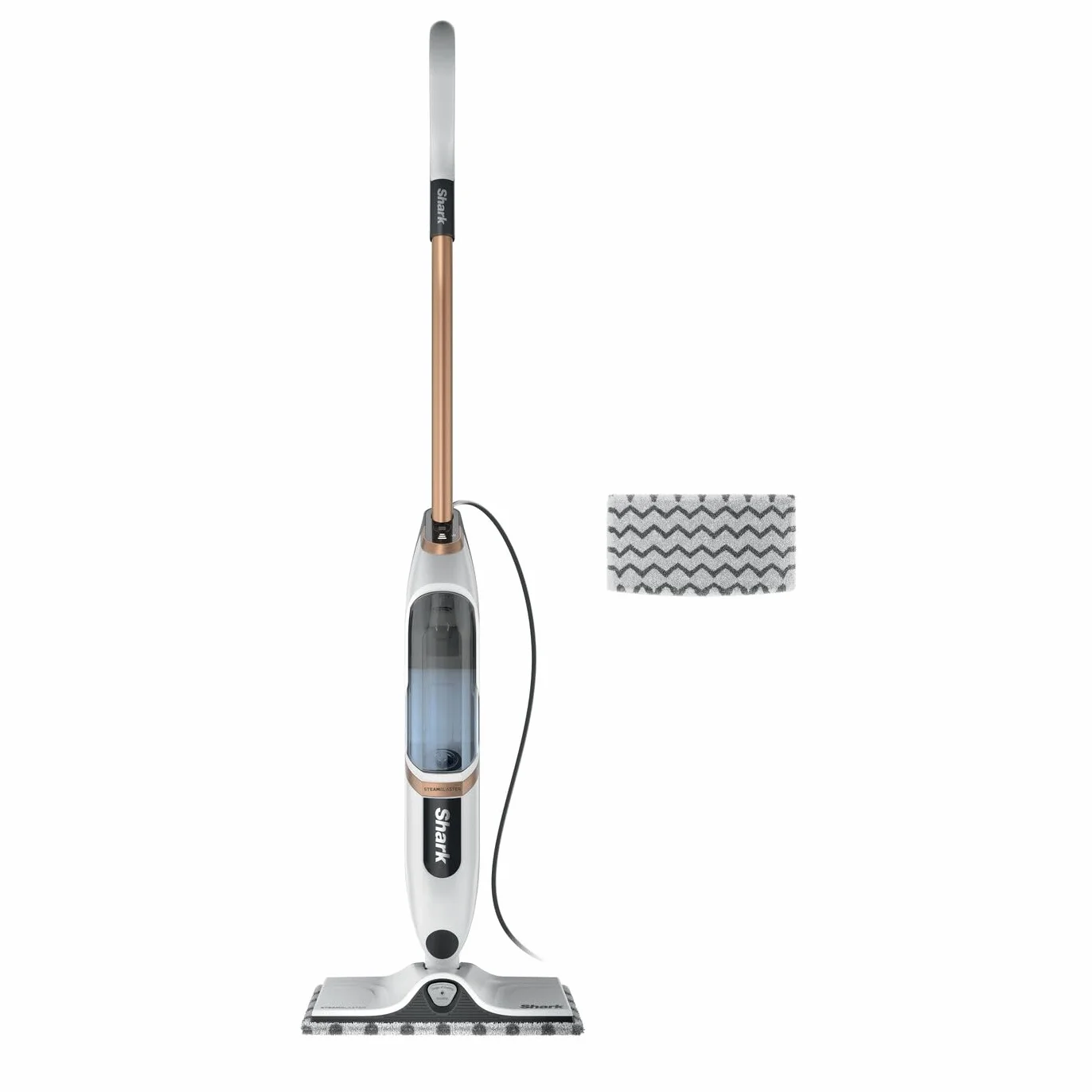 Shark SteamSpot mit Steam Blaster-Technologie für Hartböden, Leichter Dampfreiniger, chemiefreie Reinigung, Abnehmbarer Wassertank, 2 waschbare Dirt Grip Soft-Scrub-Pads, White & Poly Copper S2001EU