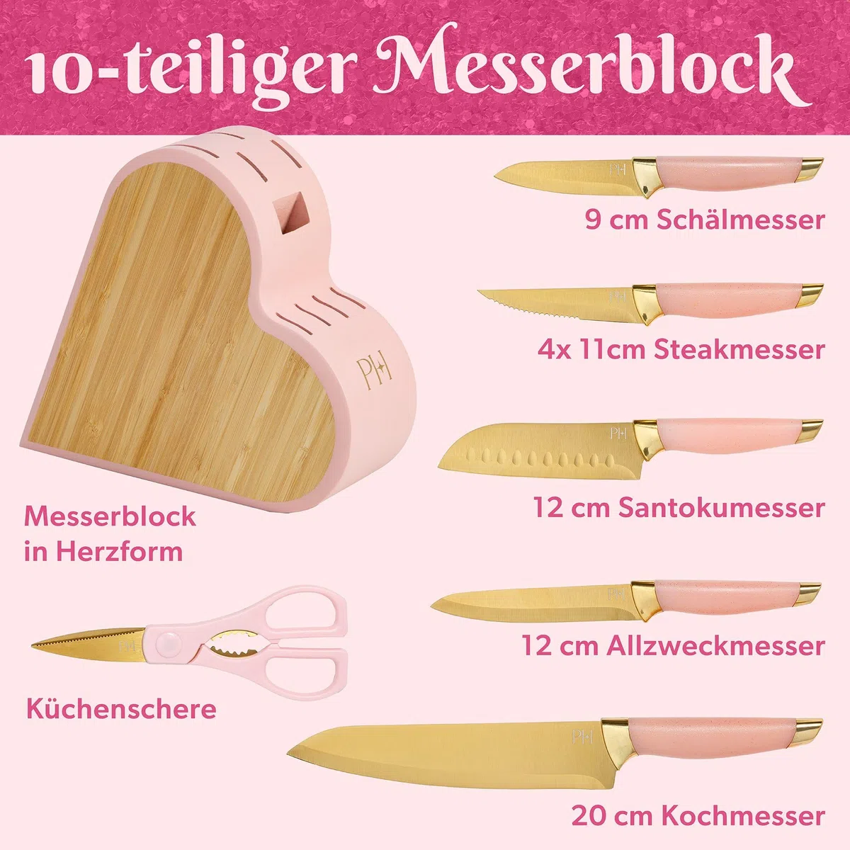 Paris Hilton – 10-teiliges Messerset aus Edelstahl mit robustem Bambus-Messerblock – Ideal für jede Küche, hohe Schnittpräzision & langlebiges Design, Rosa