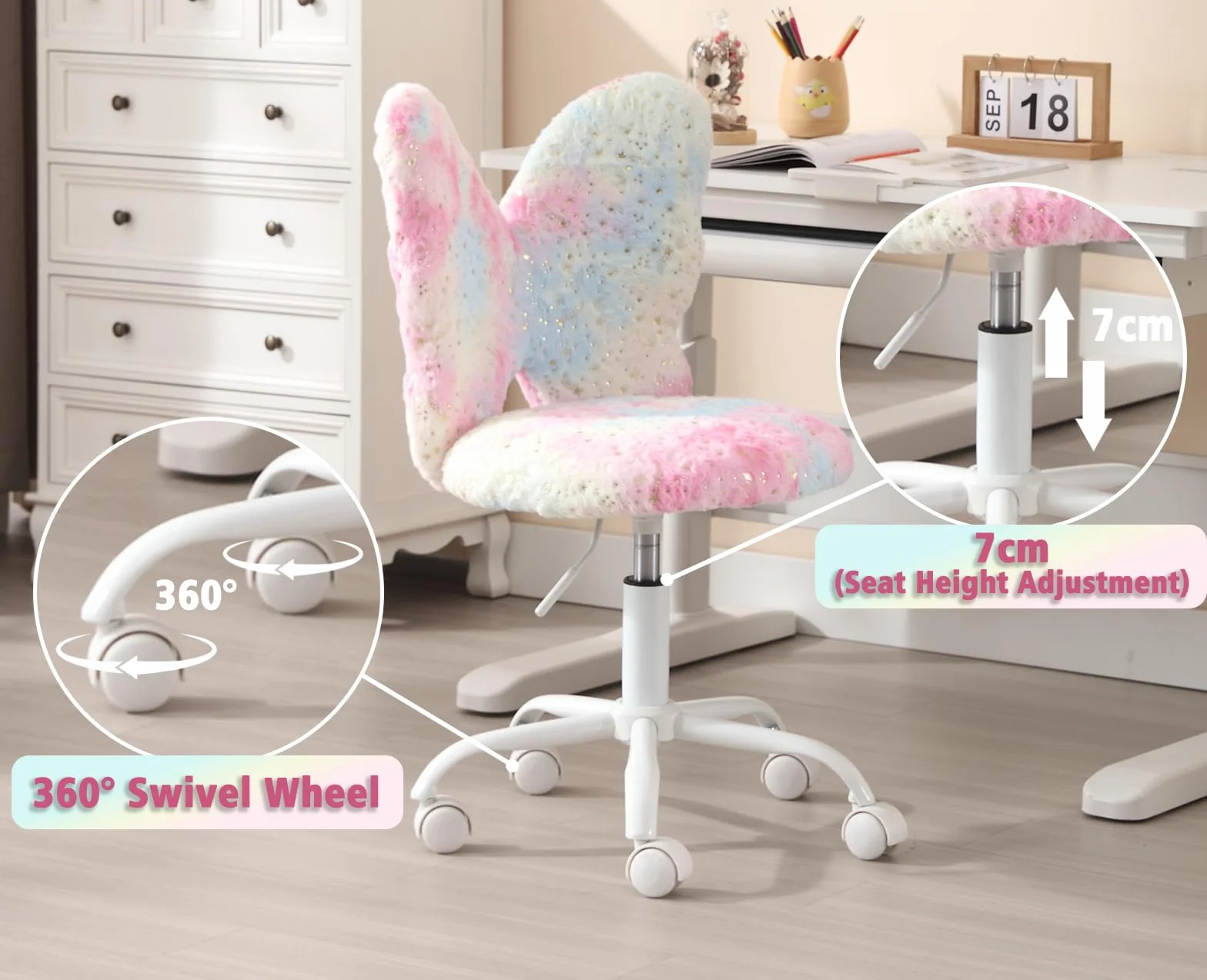chairus Kunstfell Kinder Schreibtischstuhl für Kinderzimmer Höhenverstellbarer Jungendstuhl ohne Armlehne Drehstuhl für Kinder (Rosa)
