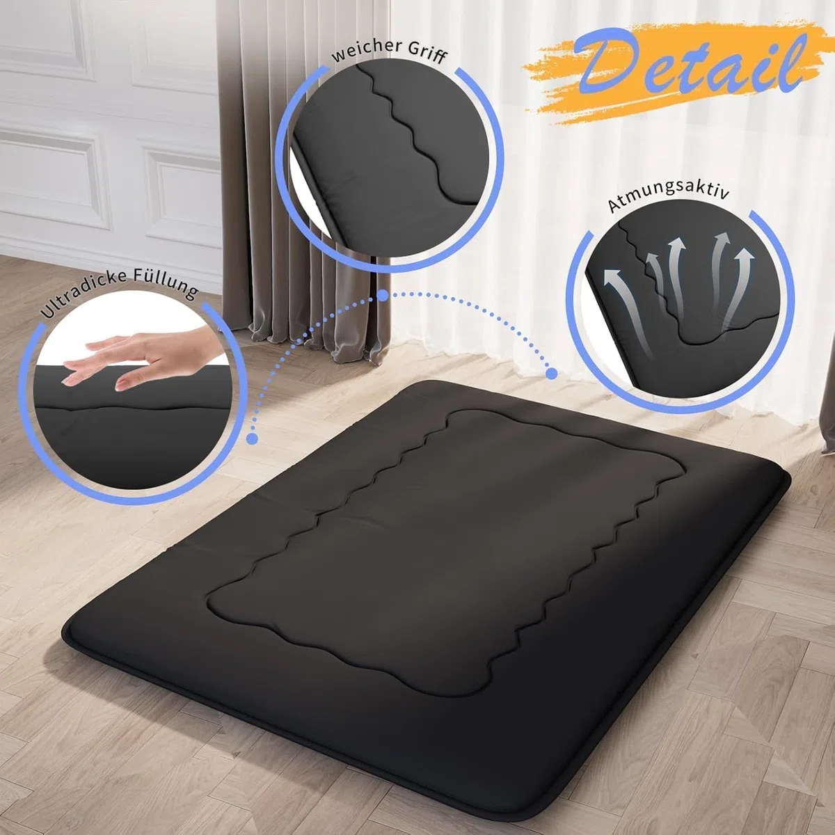 Kiseely Japanische Futon-Matratze, Faltbare Tatami-Matte, tragbare Schlafunterlage mit Tasche und Gurt, Bodenmatratze, verdickte Schlafmatratze, Camping-Matratze (Schwarz YU1, 90X200cm)