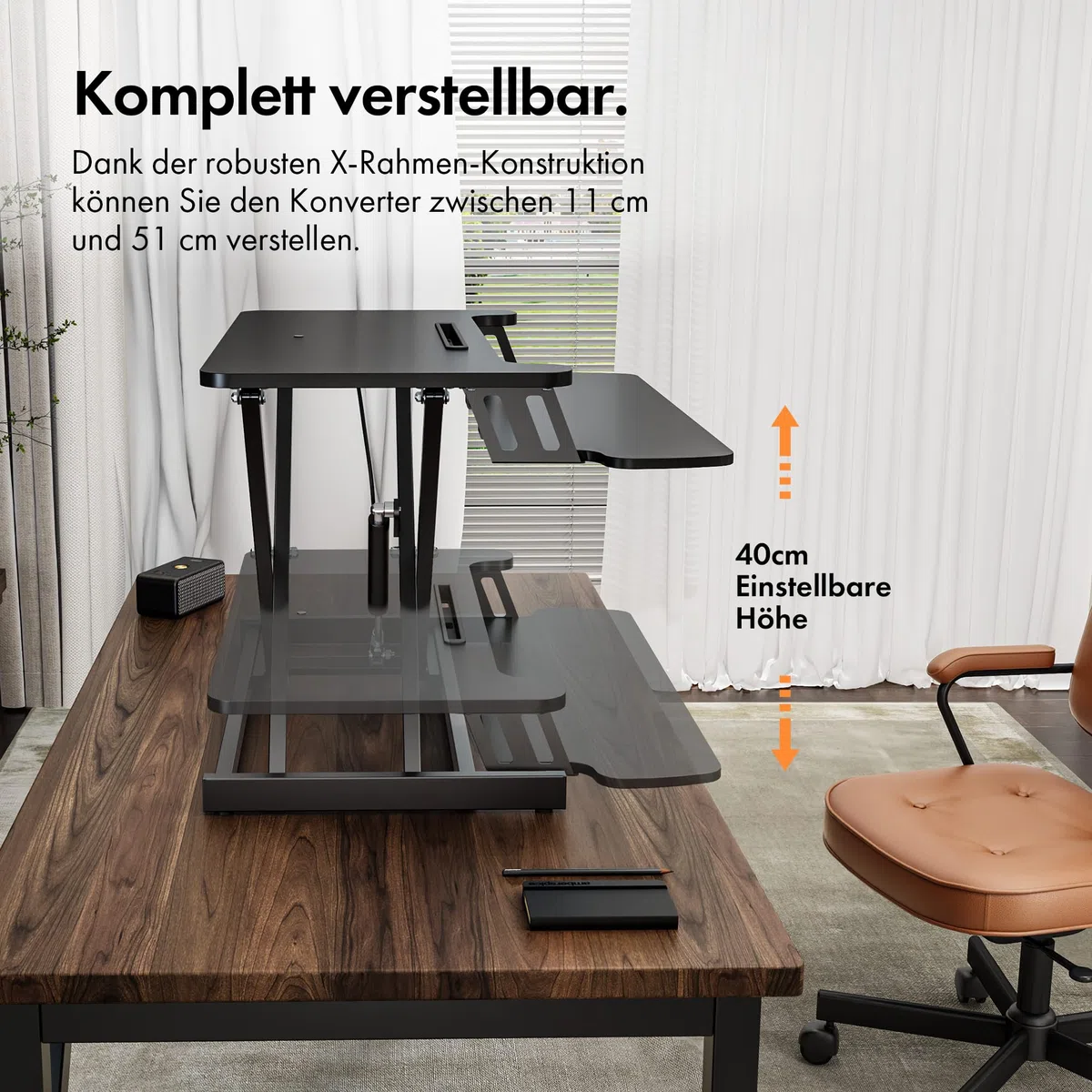 VonHaus Schreibtischaufsatz Höhenverstellbar, Schwarz 80 x 40 cm Steh-Sitz-Arbeitsplatz für Dual-Monitor mit Tabletfach, Stehpult-Konverter mit Zwei Ebenen, Schreibtisch erhöhung mit Tastaturablage