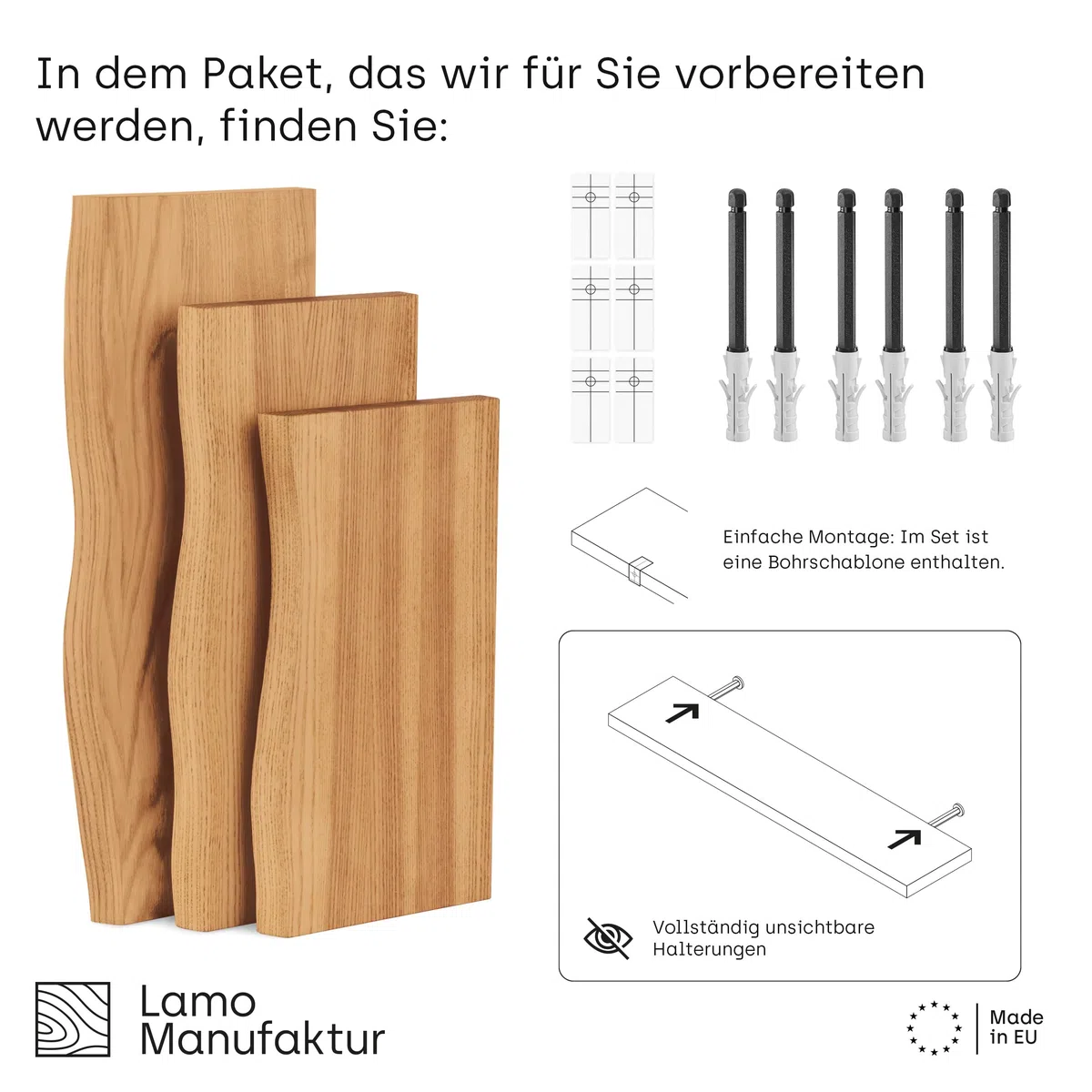 LAMO Manufaktur 3 Stück Wandregal aus Holz mit unsichtbarer Befestigung 40/35/30cm | Wandregal aus 100% echtem Holz | Hängeregal für Wohnzimmer Wandregale Set 1 Baumkante Farbe: Rustikal