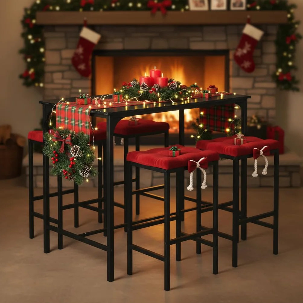 Esstisch und Stühle 5-teiliges Set, Hoher Tisch mit Hockern, Bar Ecke für Zuhause, geeignet für Küche Esszimmer Wohnzimmer, Bartisch 100 x 60 x 90 cm, Schwarz