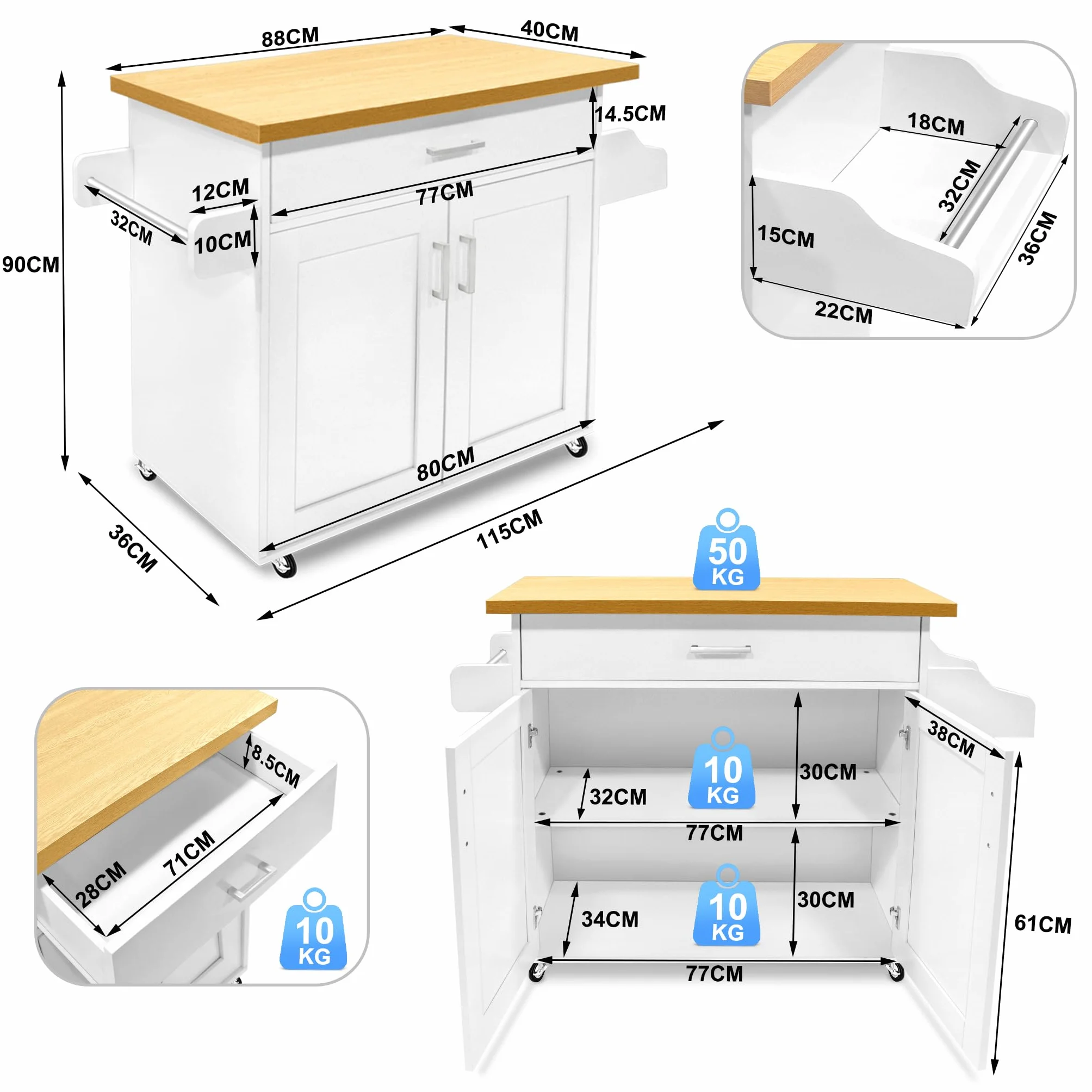 NAIZY Küchenschrank Küchenwagen mit Arbeitsplatte & Rollen & Schubladen Küchenwagen Abschließbar Servierwagen, 115x36x90cm (Weiß)