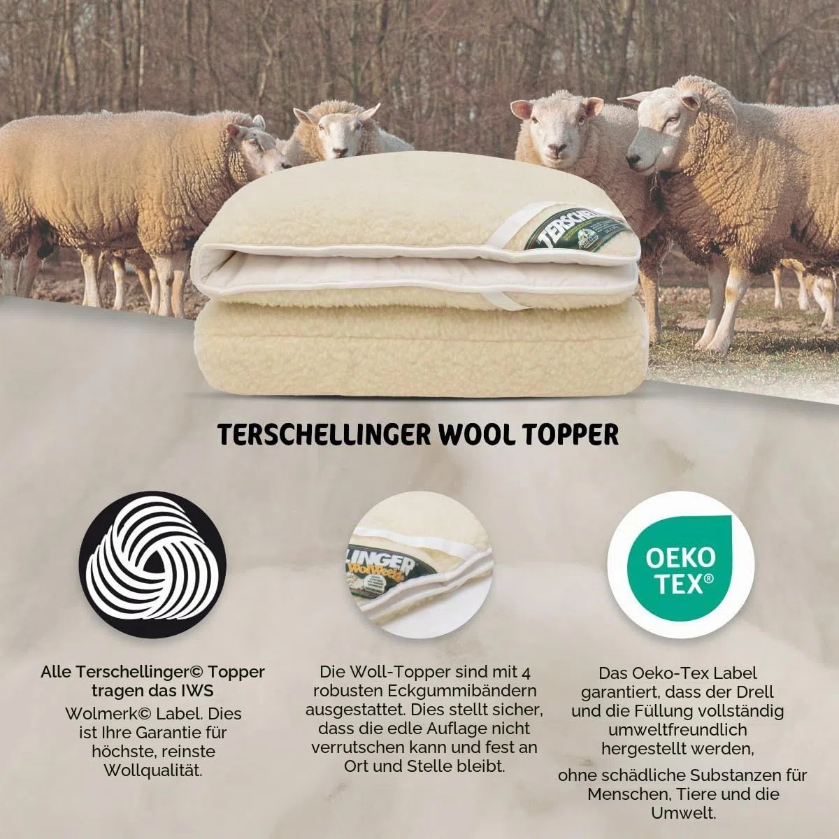 Terschellinger Lammflor Wollunterbett 100% IWS-Schurwollauflage 2-in-1 Matratzenauflage 160 x 200 cm