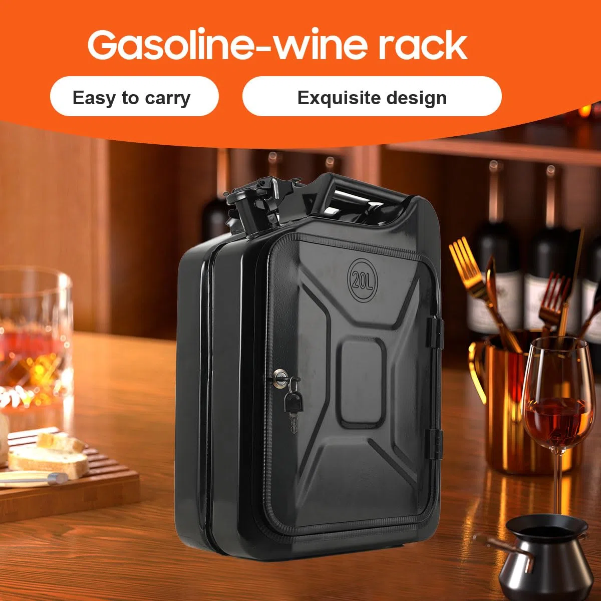 20L Kanister Bar, Männer, Abschließbare Minibar - Jerrycan 4 Fächern schwarzer Metall Mobile Bar Geburtstagsgeschenk für Männer, Abschließbarer Minibar - 34x46x16cm