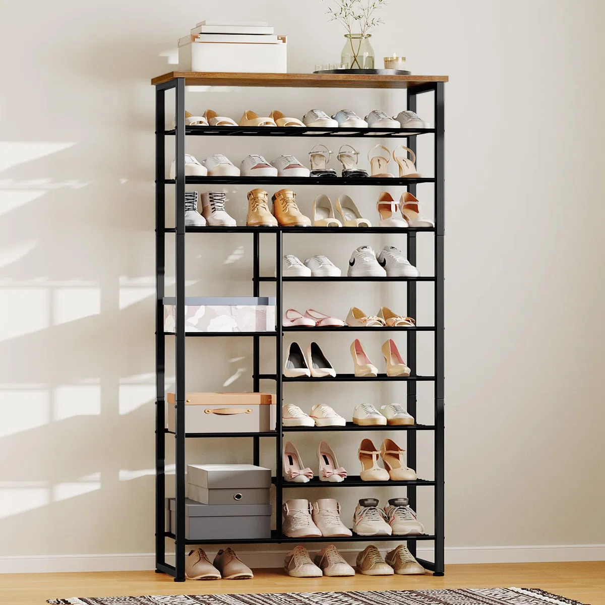 HOOBRO Schuhregal mit 10 Ebenen, Schuhablage für 27-30 Paare, industrielles Schuhregal mit unterschiedlichem Abstand, abnehmbares Gitter, für Eingänge, Flure, rustikales Braun und Schwarz EBF172XJ01