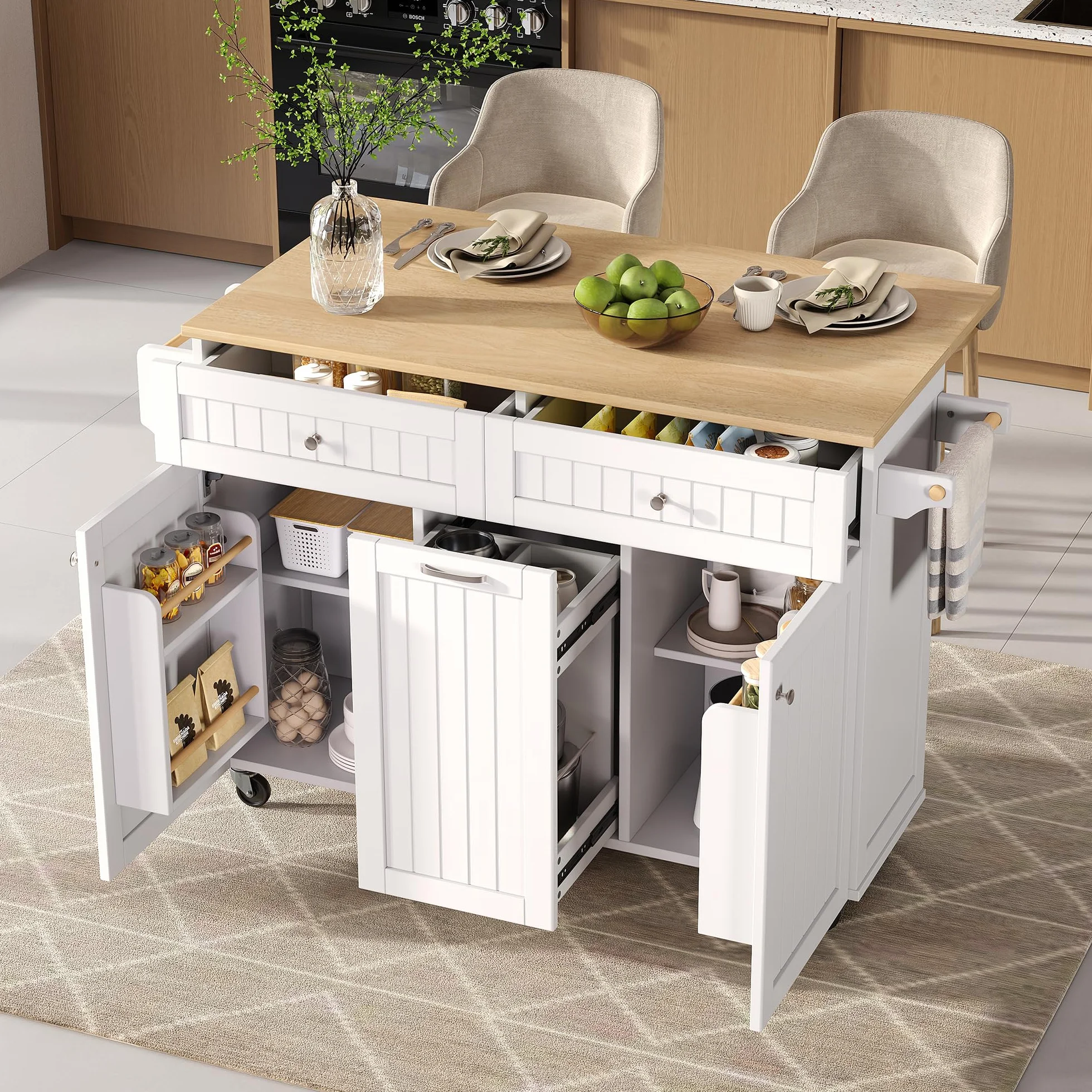 Kücheninsel Freistehend mit Klappbarer Arbeitsplatte und Schublade, Buffetschrank Küchenwagen mit Rollen, Weiß 139.5x40-70x92 cm