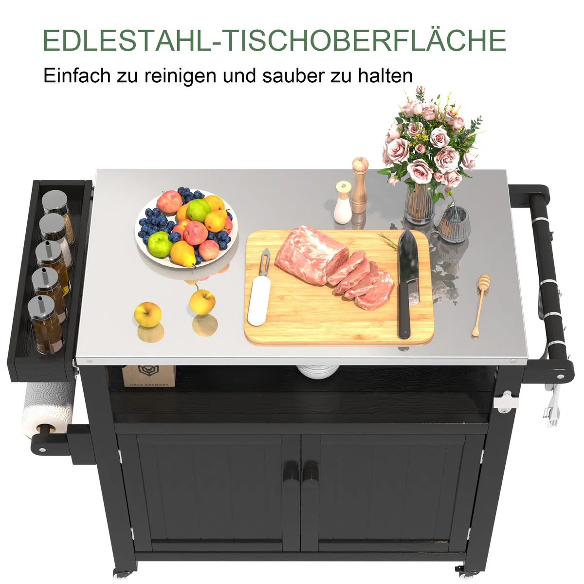 Outdoor Kücheninsel Mit Rollen - Mobile Grillwagen, Außen-Küchenwagen Mit Ablagefach & Arbeitsfläche, Tragbarer Aufbewahrungsschrank Für Garten, Terrasse, Camping & Picknick (Schwarz)