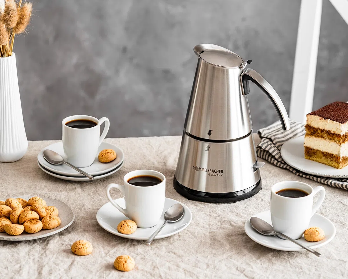 Rommelsbacher Espresso Kocher EKO 364/E, elektrisch, hochwertige Edelstahlkanne, Filtereinsatz für 2 oder 4 Tassen, verdecktes Heizelement, 360° Zentralsockel, automatische Abschaltung, 365 W